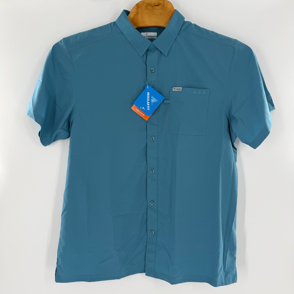 Columbia PFG Blood and Guts III Short Sleeve Shirt Blue Mens L XM6092-430 NWT